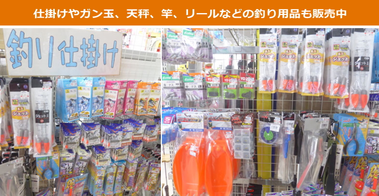 用宗港周辺で釣りの仕掛けやおもり、バケツ、ハリス、糸、ガン玉なども販売しています。